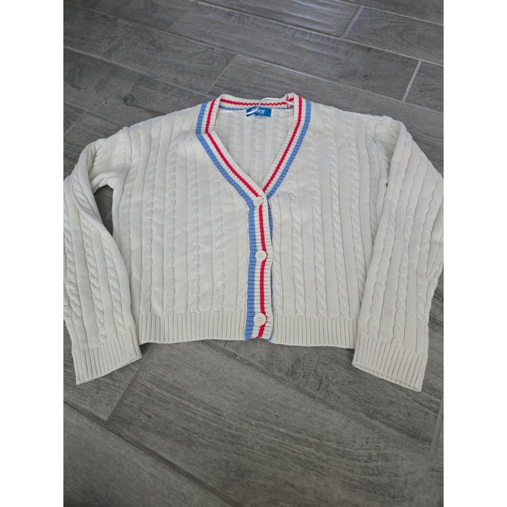 Prince Pickleball Women Cream Cable Knit Cardigan Striped Trim V-Neck Size M